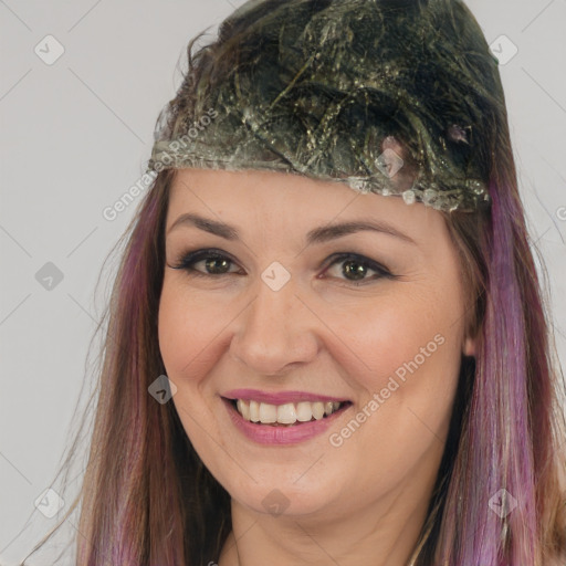 Joyful white young-adult female with medium  brown hair and blue eyes