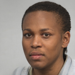 Neutral black young-adult female with short  brown hair and brown eyes
