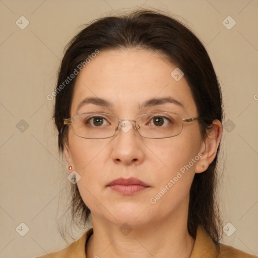 Neutral white adult female with medium  brown hair and brown eyes