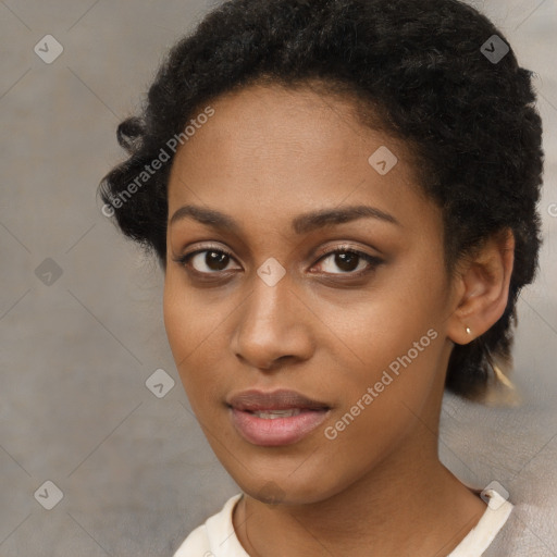 Neutral black young-adult female with short  black hair and brown eyes