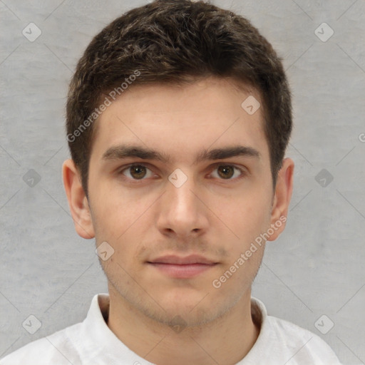 Neutral white young-adult male with short  brown hair and brown eyes