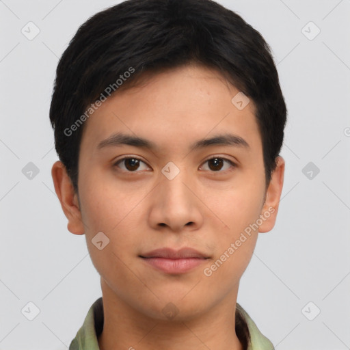 Neutral asian young-adult male with short  brown hair and brown eyes