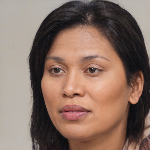 Joyful asian adult female with medium  brown hair and brown eyes