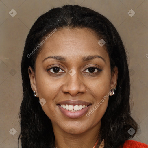 Joyful latino young-adult female with long  black hair and brown eyes