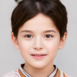 Joyful white child female with short  brown hair and brown eyes