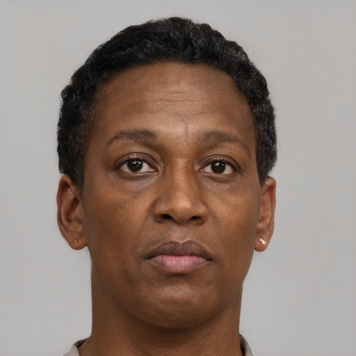 Neutral black adult female with short  brown hair and brown eyes
