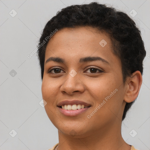 Joyful latino young-adult female with short  brown hair and brown eyes