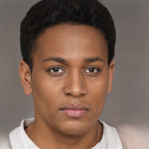 Neutral black young-adult male with short  black hair and brown eyes