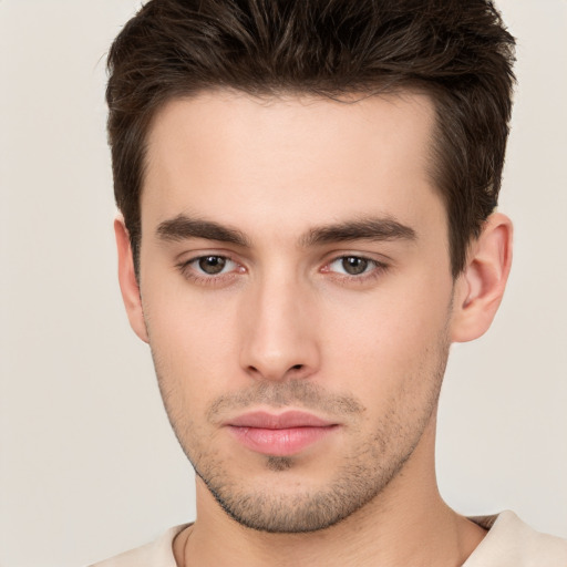 Neutral white young-adult male with short  brown hair and brown eyes