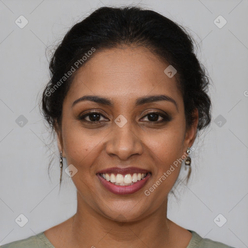 Joyful latino young-adult female with medium  brown hair and brown eyes