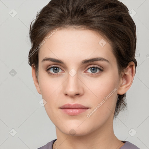 Neutral white young-adult female with short  brown hair and grey eyes