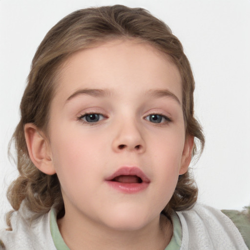 Neutral white child female with medium  brown hair and blue eyes