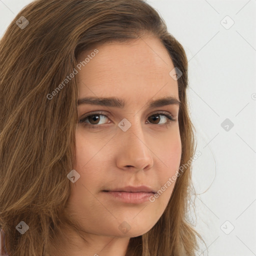 Neutral white young-adult female with long  brown hair and brown eyes