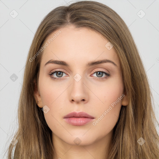 Neutral white young-adult female with long  brown hair and brown eyes