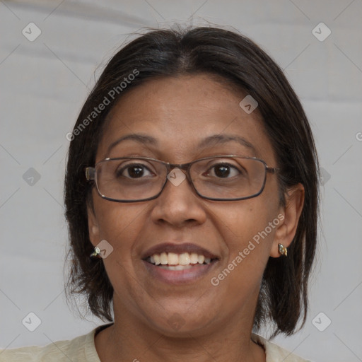 Joyful white adult female with medium  brown hair and brown eyes