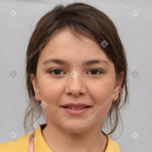 Joyful white child female with medium  brown hair and brown eyes