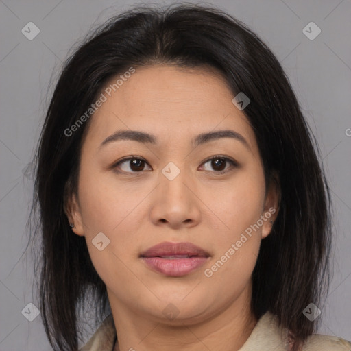 Joyful asian young-adult female with medium  brown hair and brown eyes