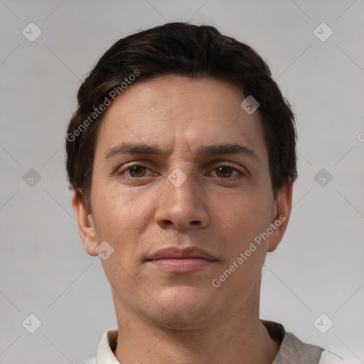 Neutral white adult male with short  brown hair and brown eyes