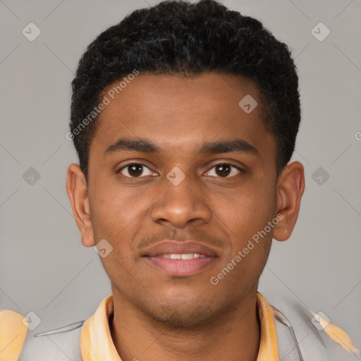 Joyful latino young-adult male with short  brown hair and brown eyes