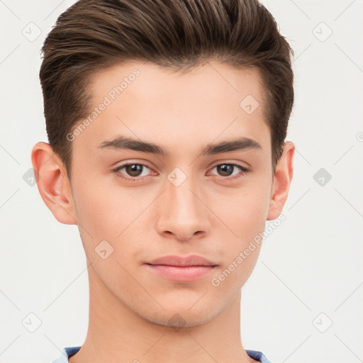 Neutral white young-adult male with short  brown hair and brown eyes