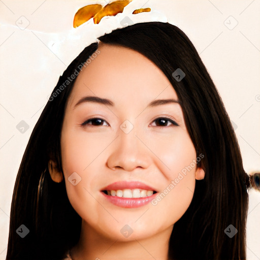 Joyful white young-adult female with long  black hair and brown eyes