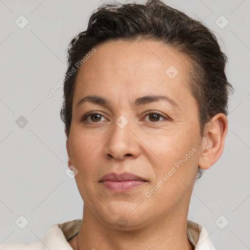 Joyful white adult female with short  brown hair and brown eyes