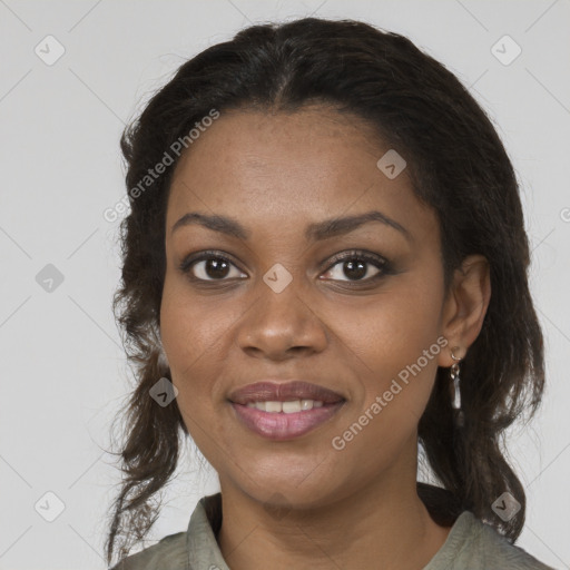 Joyful black young-adult female with medium  brown hair and brown eyes