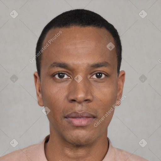 Neutral black young-adult male with short  black hair and brown eyes