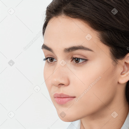 Neutral white young-adult female with short  brown hair and brown eyes