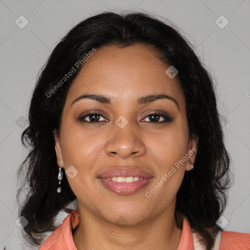 Joyful black young-adult female with medium  brown hair and brown eyes