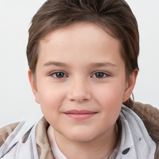 Joyful white child female with short  brown hair and brown eyes