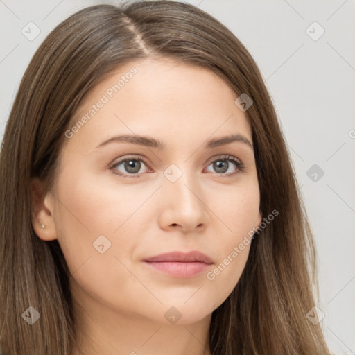 Neutral white young-adult female with long  brown hair and brown eyes