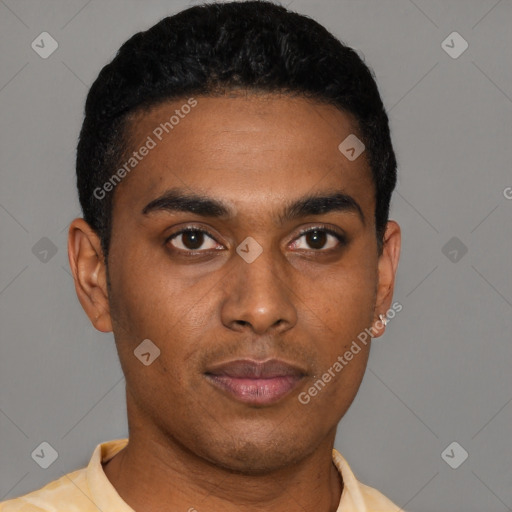 Neutral latino young-adult male with short  black hair and brown eyes