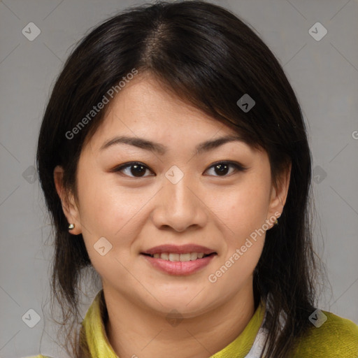 Joyful white young-adult female with medium  brown hair and brown eyes