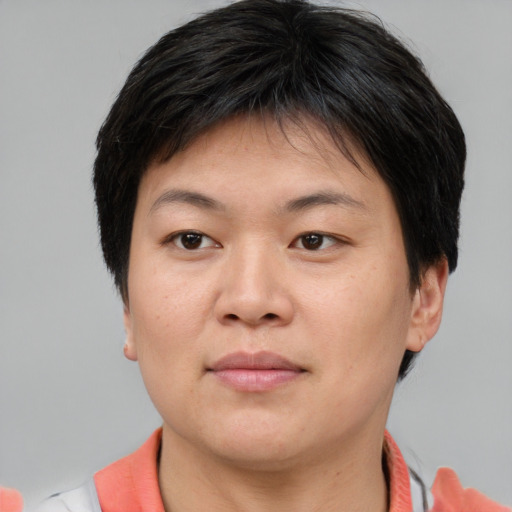 Neutral asian young-adult female with short  brown hair and brown eyes