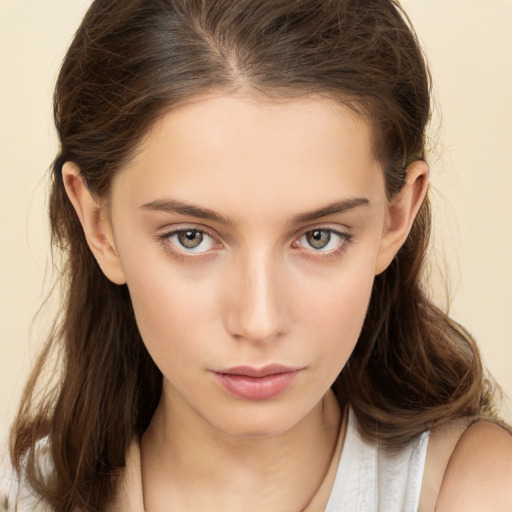 Neutral white young-adult female with medium  brown hair and brown eyes