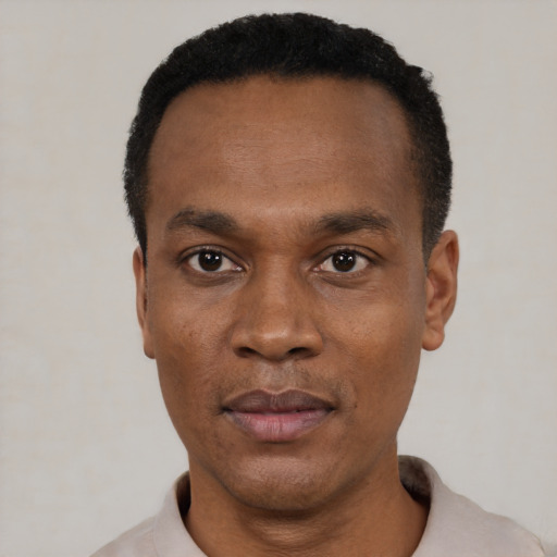 Neutral black adult male with short  black hair and brown eyes