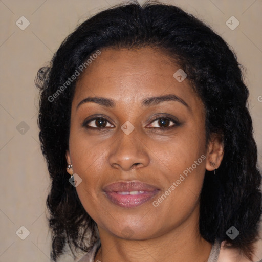 Joyful black young-adult female with medium  brown hair and brown eyes