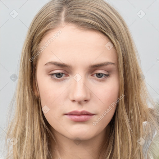 Neutral white young-adult female with long  brown hair and grey eyes