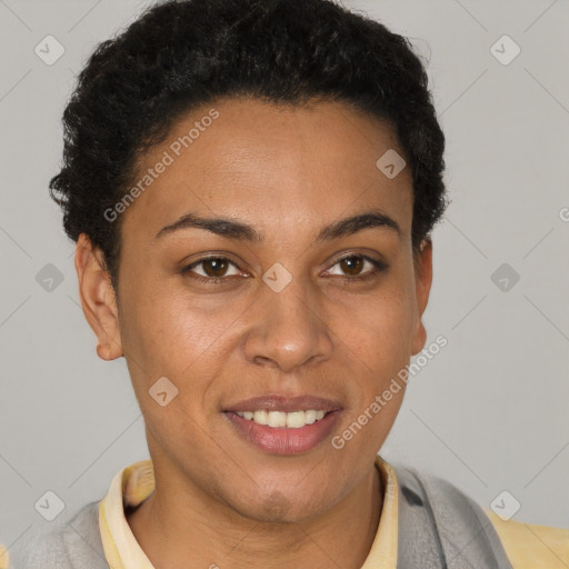 Joyful latino young-adult female with short  brown hair and brown eyes