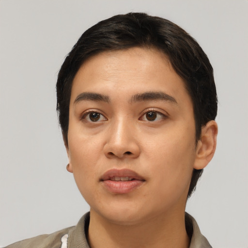 Neutral asian young-adult female with short  black hair and brown eyes