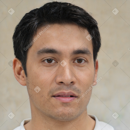 Neutral asian young-adult male with short  black hair and brown eyes