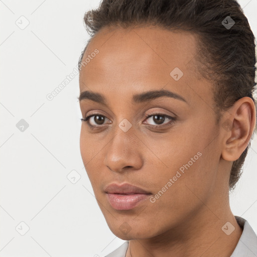 Neutral white young-adult female with short  brown hair and brown eyes