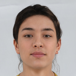 Neutral asian young-adult female with short  brown hair and brown eyes