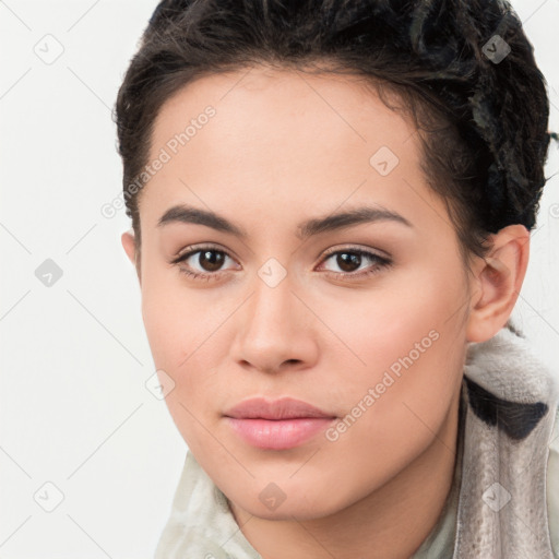 Neutral white young-adult female with short  brown hair and brown eyes