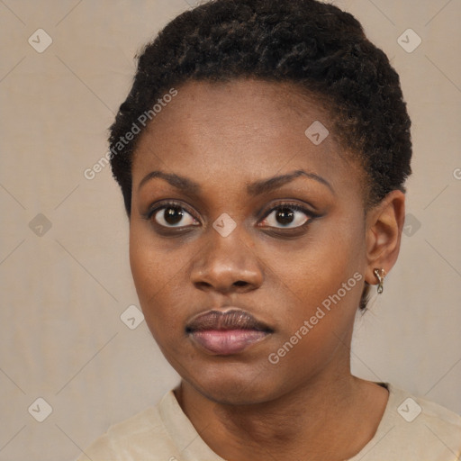 Neutral black young-adult female with short  black hair and brown eyes