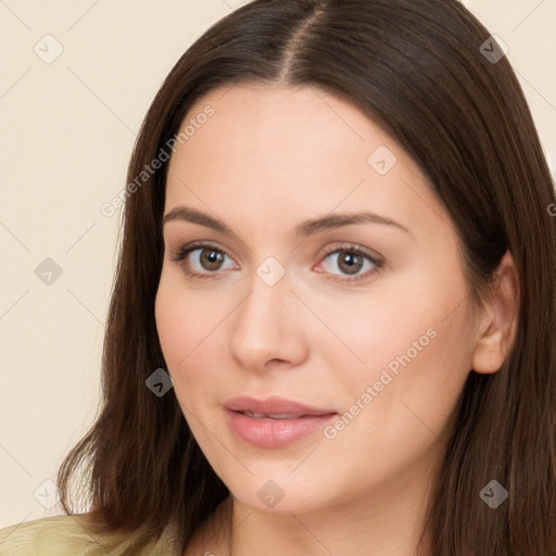 Neutral white young-adult female with long  brown hair and brown eyes