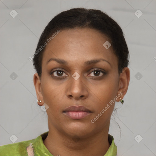 Neutral black young-adult female with short  brown hair and brown eyes