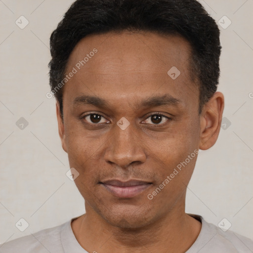 Neutral black adult male with short  black hair and brown eyes