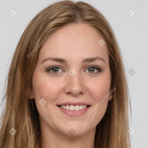 Joyful white young-adult female with long  brown hair and green eyes